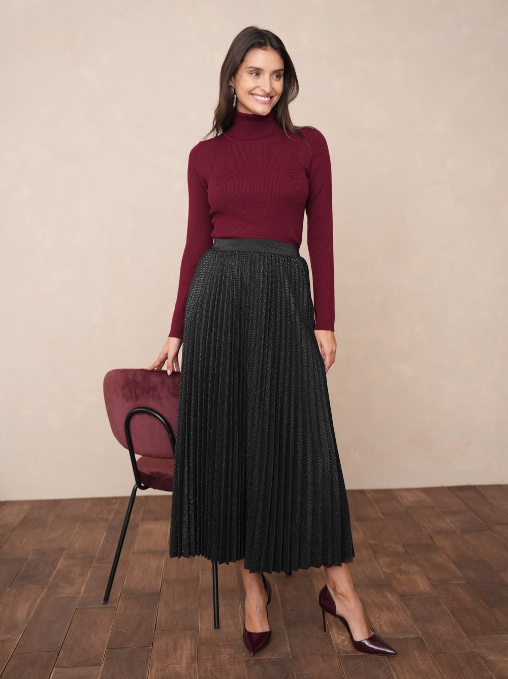 Metallic pleated skirt burgundy shop