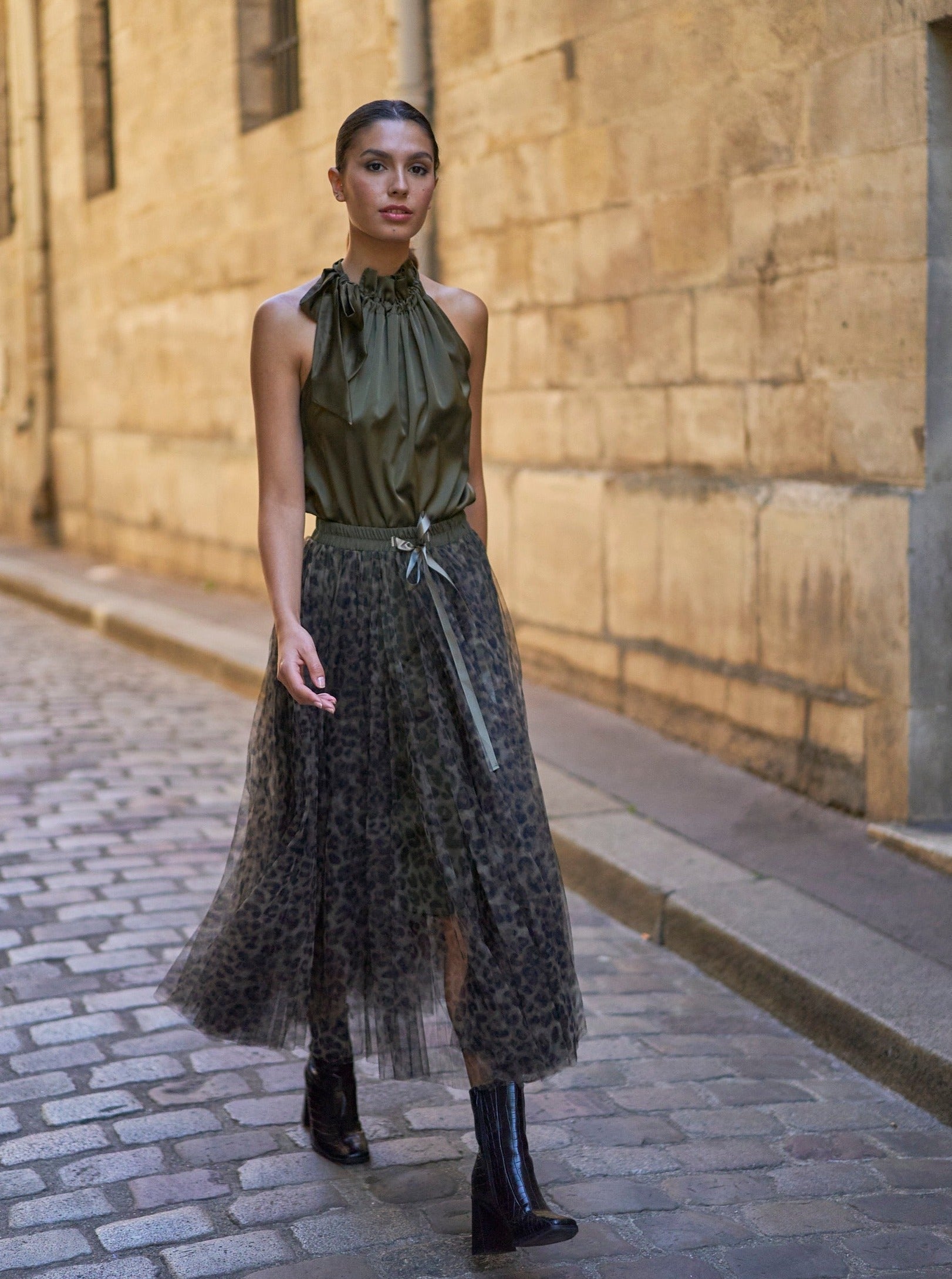 Carrie Tulle Big Leopard Print Khaki Skirt-S/M-Fi&Co Boutique