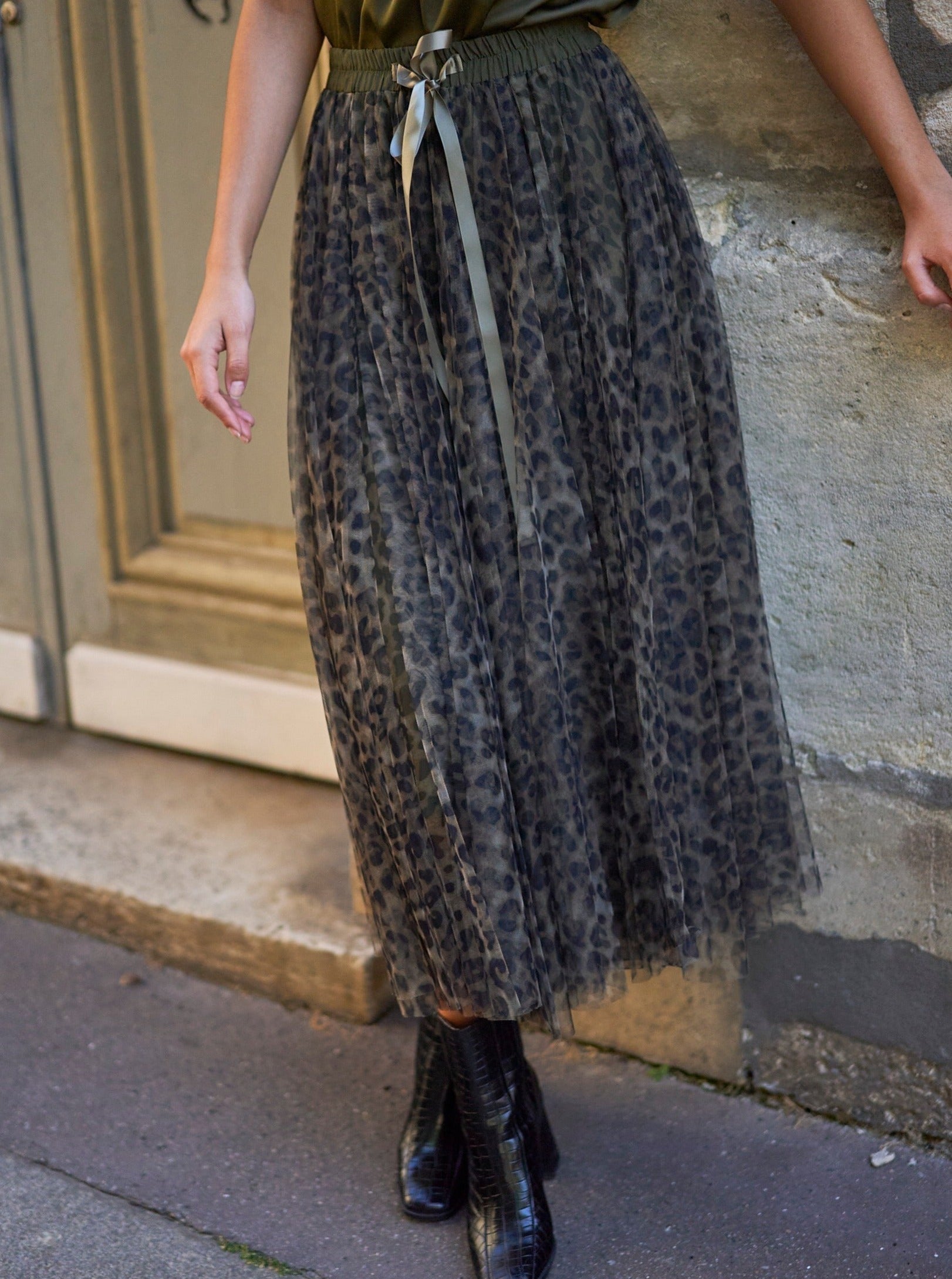 Carrie Tulle Big Leopard Print Khaki Skirt-S/M-Fi&Co Boutique