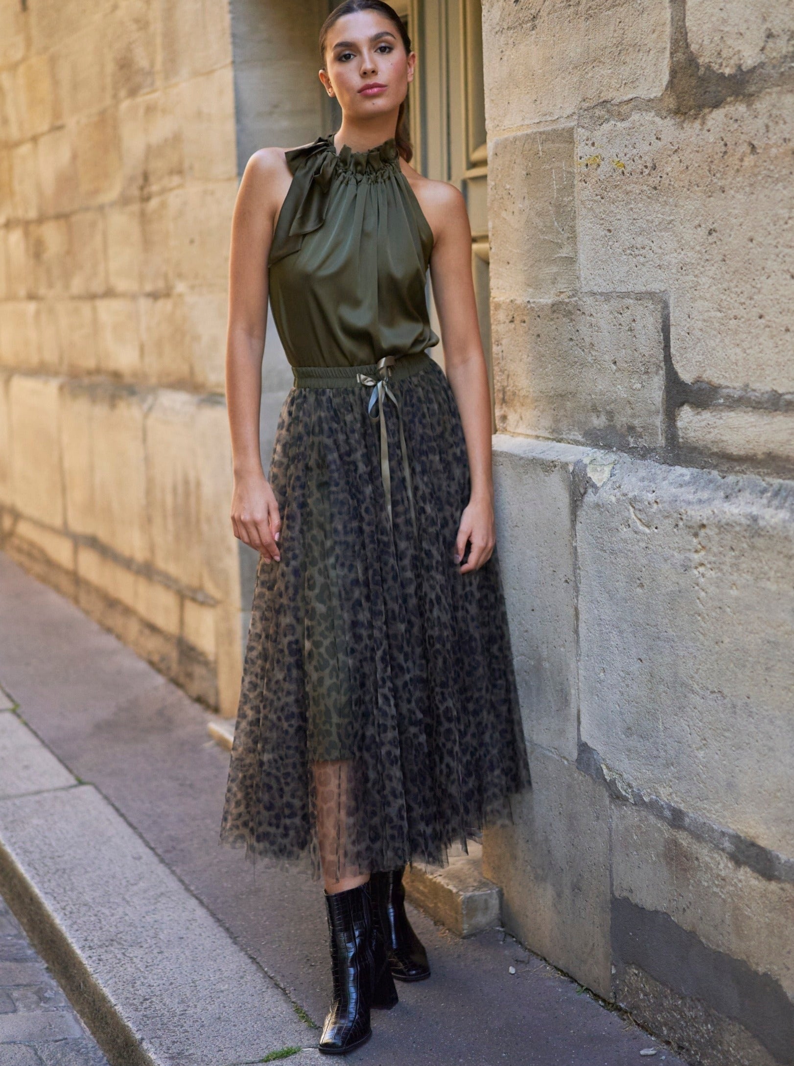 Carrie Tulle Big Leopard Print Khaki Skirt-S/M-Fi&Co Boutique