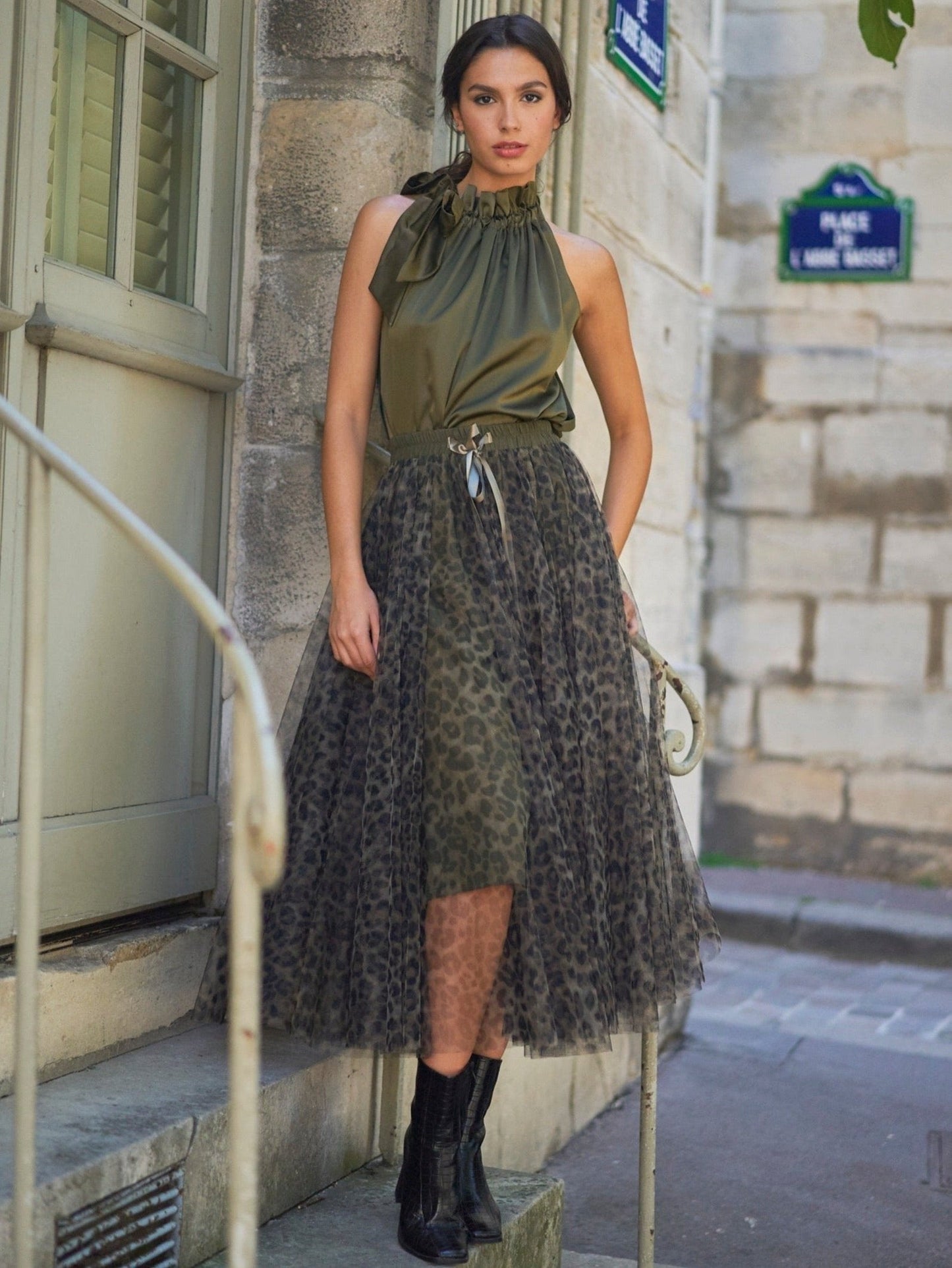 Carrie Tulle Big Leopard Print Khaki Skirt-S/M-Fi&Co Boutique